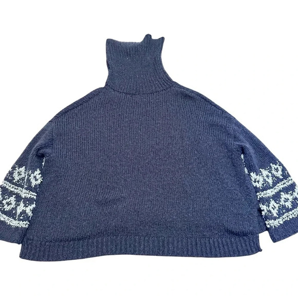 Free People Fairisle Wool Blend Sweater With High Neck Cowl Neck Blue Sz M - Picture 3 of 15